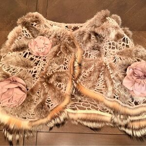 Carlos Miele Rabbit Fur Fox Trim Hand-Crochet Cape Poncho